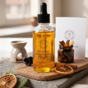 Flacon d'huile à brûler parfum Orange et Cannelle avec pipette, posé sur un support en bois avec décor d'oranges séchées et cannelle.